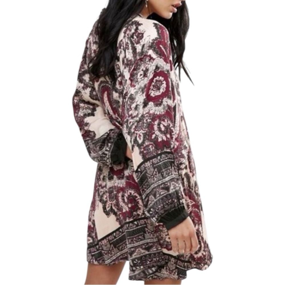 Free People Say You Love Me long-sleeve dress in burgundy and ivory SZ S - Picture 6 of 9
